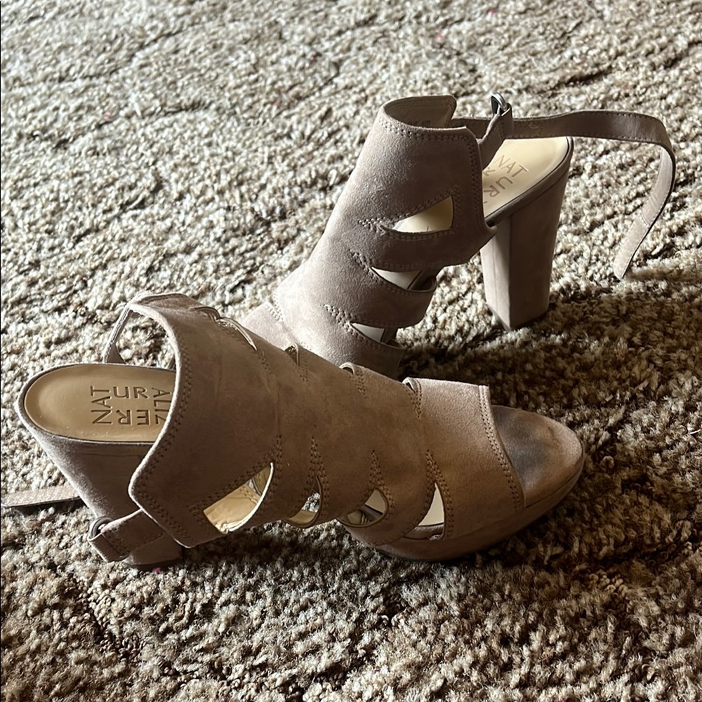 Naturalizer Tan Heeled Sandals with Peep-Toe Design